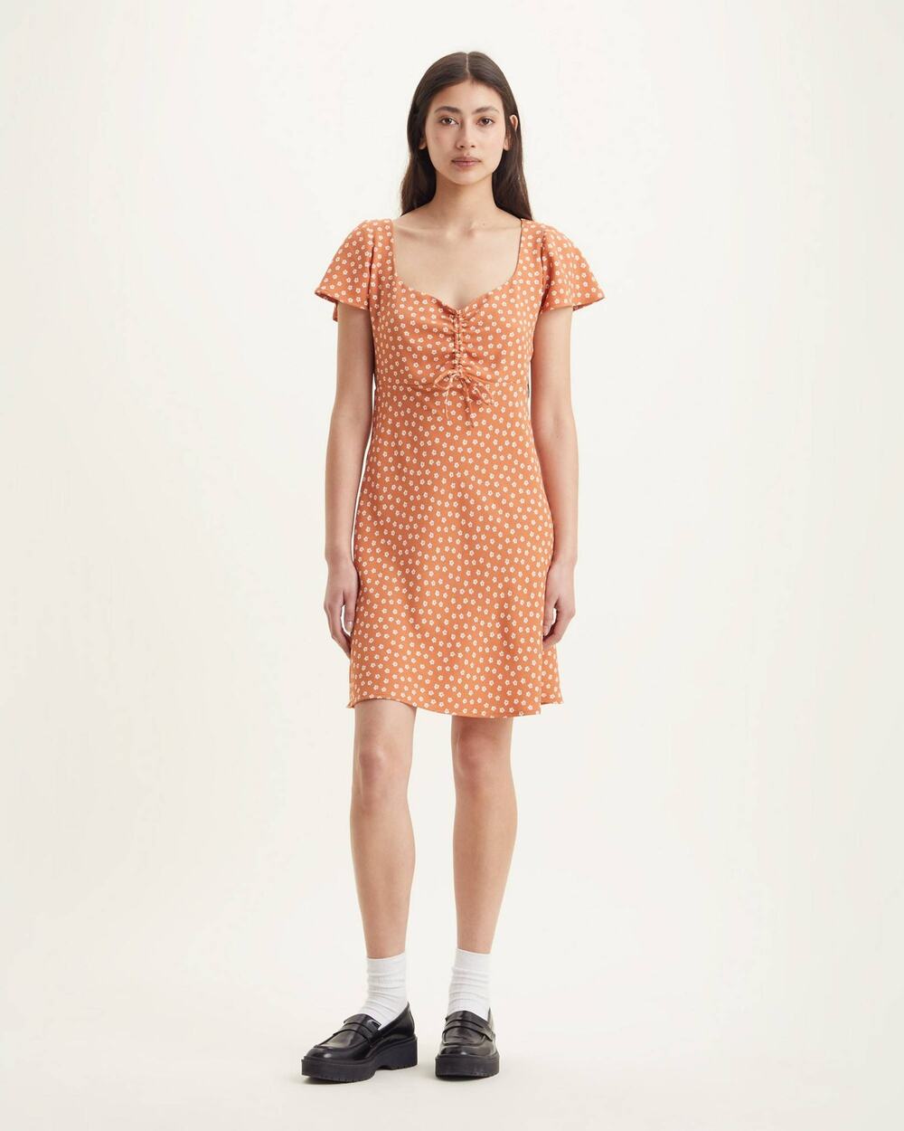 Levi's Skylar Floral Dress Orange Sweetheart Neck Back Zip Short Sleeve Sz M